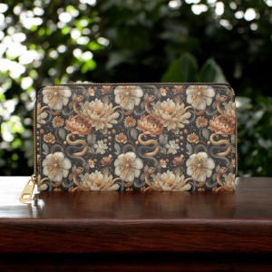 Cartera de serpiente, cartera Dark Academia, cartera con cremallera Goblincore, regalo Dark Cottagecore para amantes de las brujas, cartera de cuero vegano para mujer, cartera de viaje con diseño floral