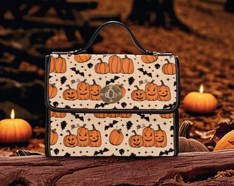 Pumpkin Halloween Bag, Witchy Crossbody Satchel, Canvas Fall Purse, October Bag for Women, Bat Print Vegan Leather Weekender, Dark Academia
