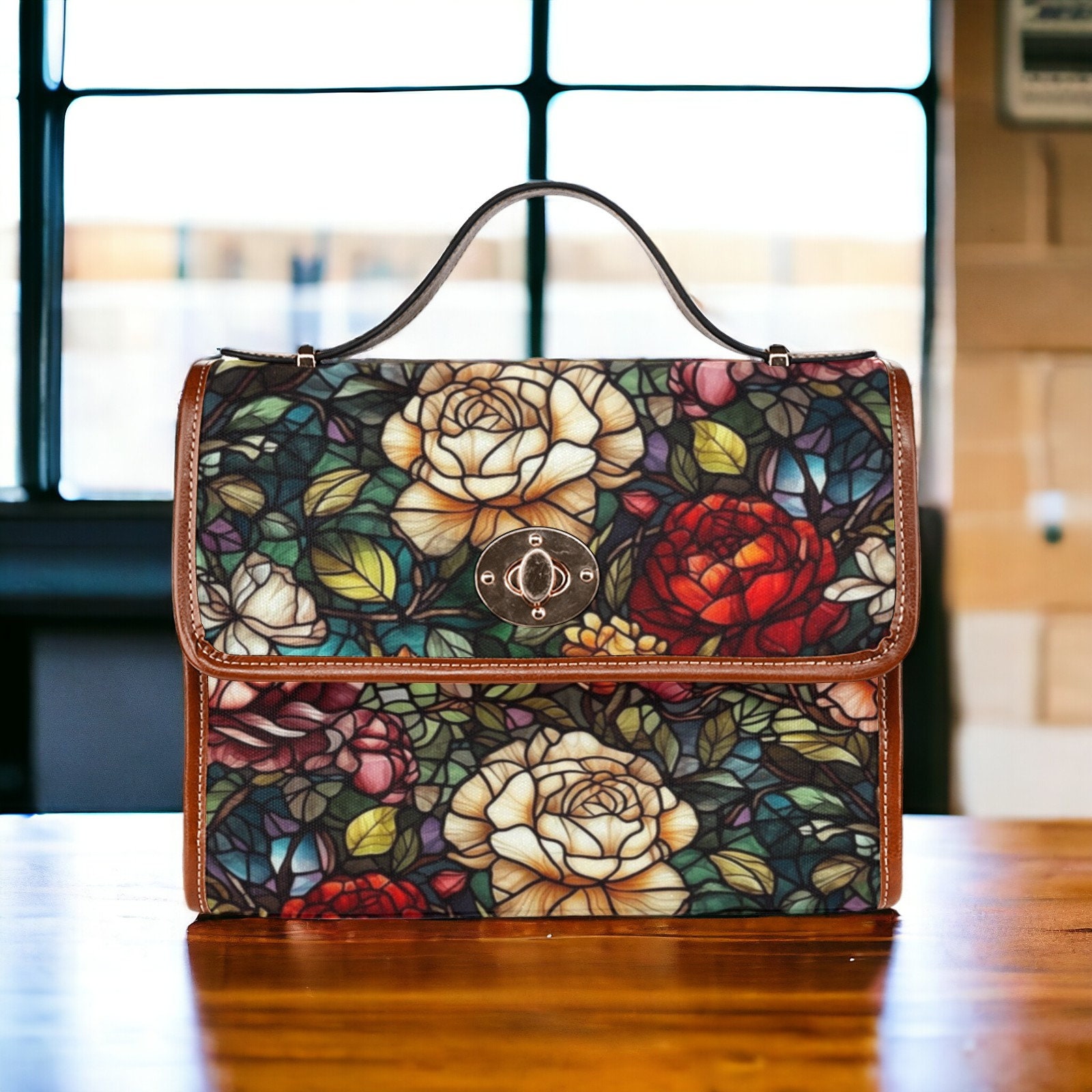 Stained Glass Cottagecore Satchel Bag, Dark Floral Crossbody Purse