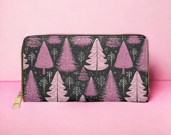 Carteira Cottagecore, árvore de Natal rosa, carteira feminina fofa, carteira Boho de viagem, carteira de couro vegano presente para amante de Natal