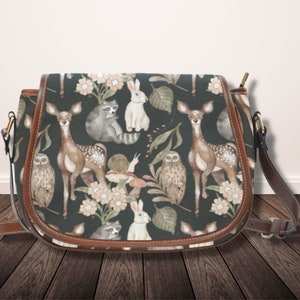 Boho Forest Vegan Leather Saddle Bag For Women mushroom Goth Bag Dark Cottagecore Purse Crossbody Bag Witch Saddle Bag