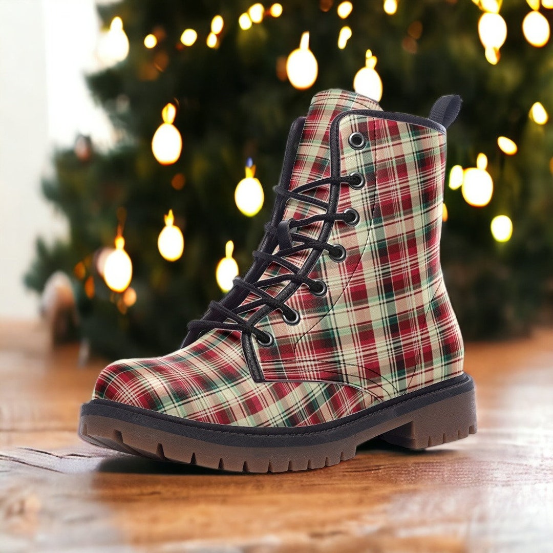 Red Plaid Christmas Combat Boots, Holiday Winter Boots for Women, Cottagecore Punk Style, Cozy Tartan Shoes, Festive Gift for Her