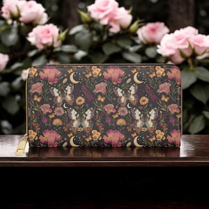 Schmetterling Brieftasche, Dunkle Academia Brieftasche Goblincore Zip Up Brieftasche Dunkle Cottagecore Geschenk für Witchy Liebhaber Vegan Brieftasche Frauen Reisen Floral