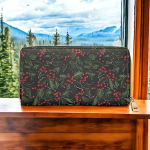 Portefeuille Cottagecore Noël Holly Berry Portefeuille Femme Mignon Boho Portefeuille Voyage Portefeuille En Cuir Végétalien Cadeau pour les Amateurs de Noël