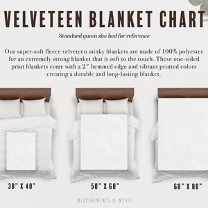 May include: A chart showing the different sizes of velveteen blankets. The chart shows three blankets on a queen-sized bed, with the measurements of each blanket listed below. The blankets are 30 inches by 40 inches, 50 inches by 60 inches, and 60 inches by 80 inches.
