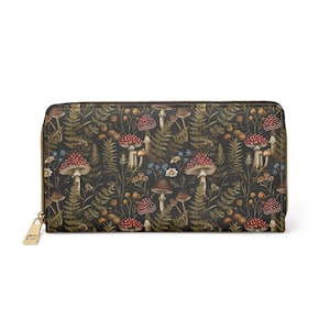 Pilze, Dark Academia Brieftasche Goblincore Reißverschluss Brieftasche Dark Cottagecore Geschenk für Witchy Liebhaber Vegan Leder Brieftasche Frauen Reisen