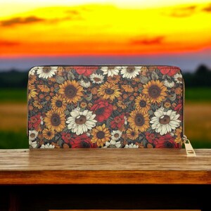 Cartera de girasol, cartera delgada, estampado de otoño, regalos veganos para ella, cartera de cuero vegano para tarjetas de crédito, cartera delgada de cuero para mujer, cartera gótica