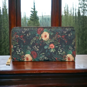 Cartera fina con estampado navideño, regalo vegano para ella, cartera de cuero vegano para tarjetas de crédito, cartera fina de cuero para mujer, cartera gótica, regalo de Navidad