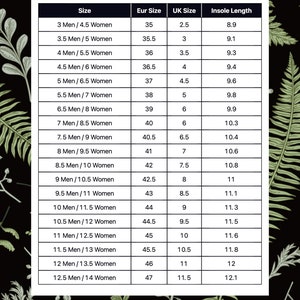 May include: Size chart for shoes with measurements in US men's and women's sizes, European sizes, UK sizes, and insole length in inches. The chart shows sizes from 3 to 12.5 men's and 4.5 to 14 women's.