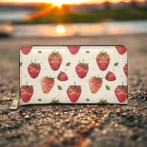 Cartera de fresa, Regalos veganos para ella, Cuero vegano, Cartera de tarjeta de crédito, Cartera de cuero delgada, Cartera de mujer, Cartera de efectivo, Cartera linda