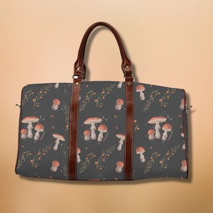 Dark Cottagecore Mushroom Bag Travel Duffel Bag Waterproof Canvas Leather Weekend Bag Carry On Weekender Overnight Bag Travel Luggage
