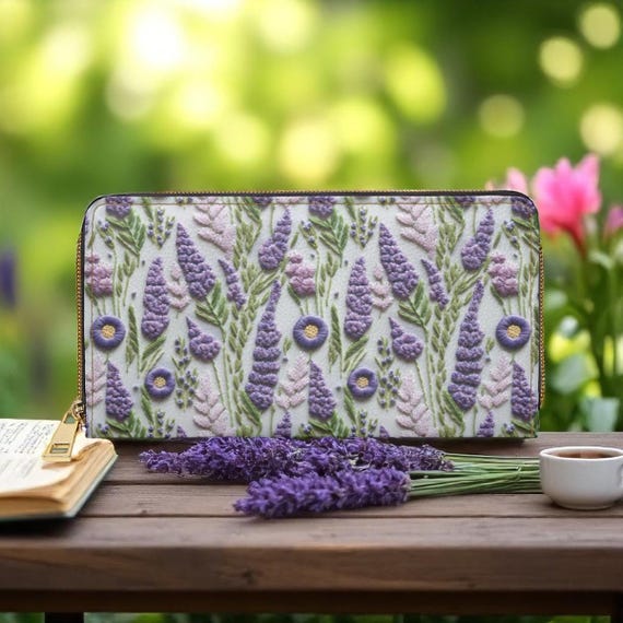 Lavender Embroidered Look Wallet, Faux Embroidery Floral Zip Wallet, Purple Flowers Wallet, Botanical Zipper Wallet, Nature Lover Gift