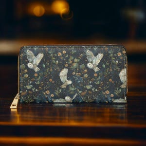 Süße Brieftasche, schlanke Brieftasche, Wintergeldbörse, Geschenk für Eulenliebhaber, Eulen für Frauen, Reisebrieftasche, Veganes Leder-Accessoire, Boho, Cottagecore