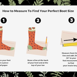 May include: A three-step guide on how to measure your foot to find your perfect boot size. The guide shows a foot on a piece of paper, a line drawn at the back of the heel and the top of the toe, and a ruler measuring the distance between the two lines.
