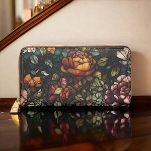 Cartera con diseño floral de vitrales, estilo cottagecore, cartera con diseño floral, bonita cartera bohemia para mujer, cartera de viaje, piel vegana, regalo de Dark Academia