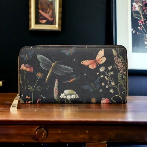 Floral Motte Brieftasche Cottagecore Dunkel Academia Wunderliche Brieftasche Gothic Vegan Leder Brieftasche Dunkle Botanische Druck Brieftasche Niedliche Schlanke Goblincore