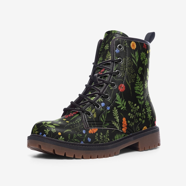 Combat Boots Mens Leather Boots Witch Shoes Gift for Wildflower Lover Women's Platform Boots Cottagecore Dark Academia image 1