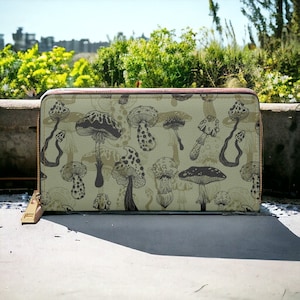 Cartera vintage con diseño de hongos, cartera con cremallera para amantes de los hongos, cartera botánica estilo cottagecore, regalo Naturecore, cartera con cremallera y estampado de hongos, piel vegana.