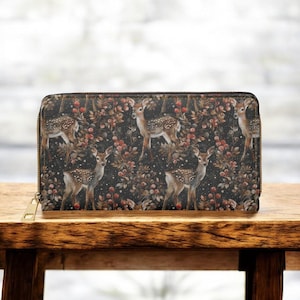 Monedero bonito, monedero fino, monedero de invierno, regalo para amantes de los ciervos, monedero para mujer, monedero de viaje, accesorio de cuero vegano, estilo boho, cottagecore