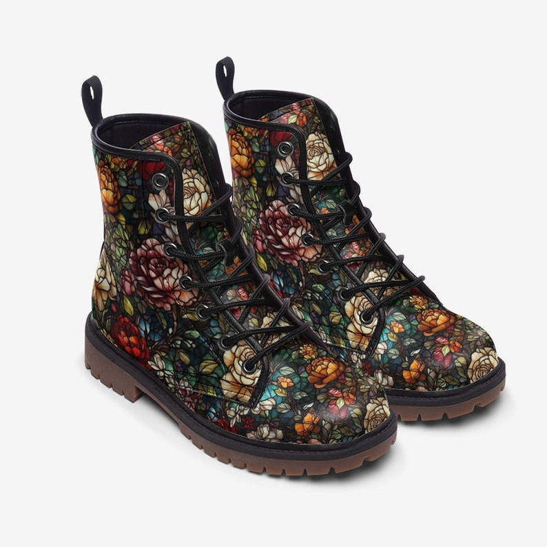Combat Boots Stained Glass Floral Boots Goth Shoes Mens Leather Boots Witch Shoes Gift for Flower Lover Women's Platform Cottagecore image 2