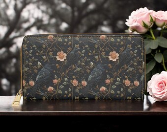 Crow Wallet, Dark Cottagecore Wallet, Faux Embroidered Raven Wallet, Witchy Floral Wallet, Dark Academia Accessory