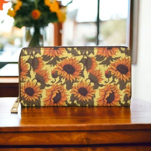 Cartera de girasol, cartera delgada, estampado de otoño, regalos veganos para ella, cartera de cuero vegano para tarjetas de crédito, cartera delgada de cuero para mujer, cartera gótica