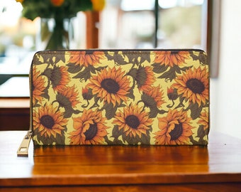 Sunflower Wallet, Slim Wallet, Fall Print Vegan Gifts For Her Vegan Leather Credit Card Wallet Slim Leather Wallet Women Gothic Wallet