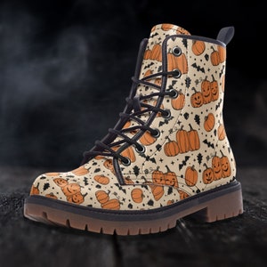 Halloween Shoes Goth Shoes Black Vegan Leather Boots Combat Boho Boots Pumpkins Autumn Fall Aesthetic Halloween Cute Shoes