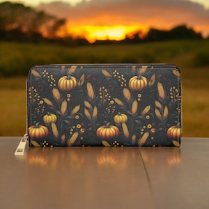 Cartera de calabaza, cartera delgada, estampado de otoño, regalos veganos para ella, cartera de cuero vegano, cartera para tarjetas de crédito, cuero delgado, cartera para mujer, cartera gótica