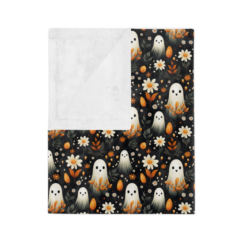 Ghost Halloween Blanket, Cottagecore Fall Throw, Spooky Floral Minky Blanket, Velveteen Ghost Blanket, Cozy Autumn Decor, Cute Ghost Throw image 5