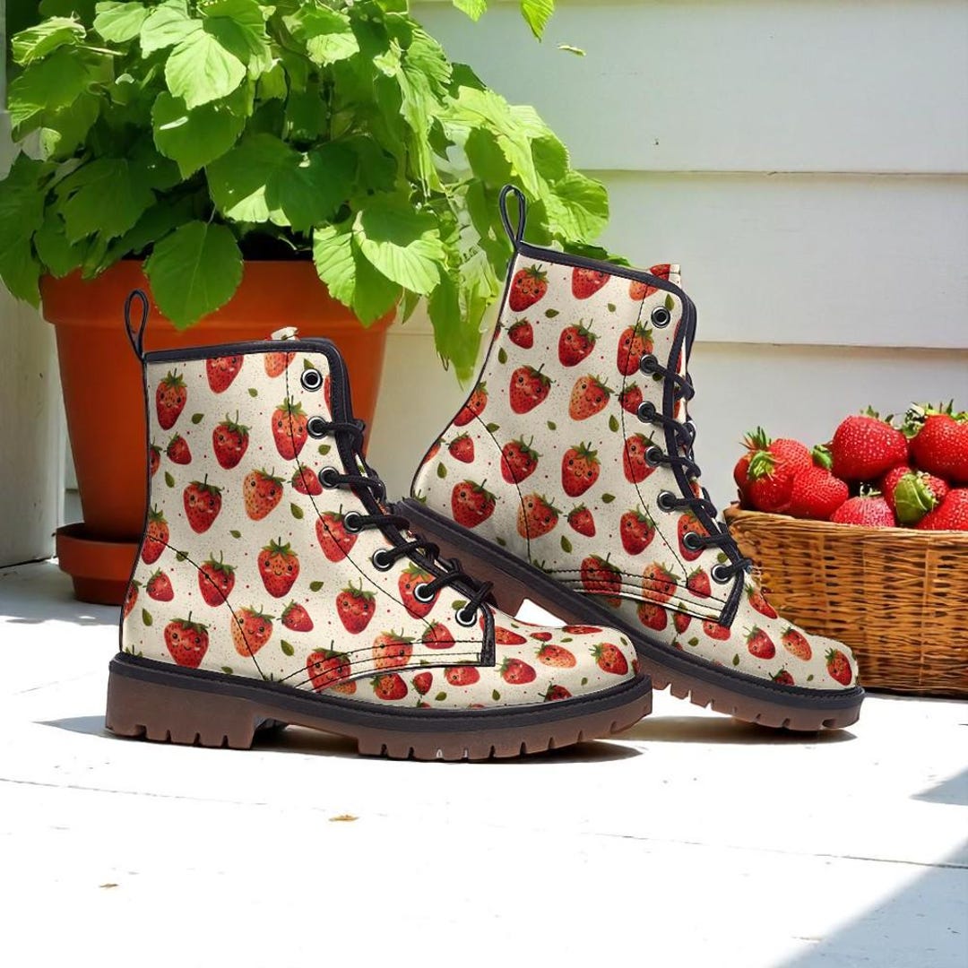 Strawberry Combat Boots, Cottagecore Fruitcore Shoes