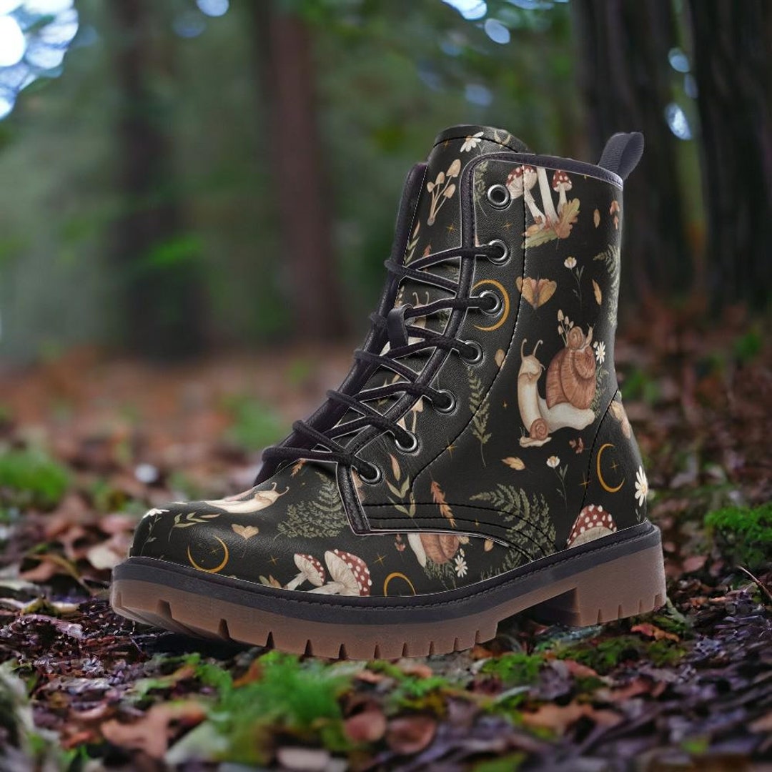 Snail Print Vegan Leather Combat Boots: Witchy Boho Festival Style