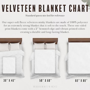 May include: A chart displaying velveteen blanket sizes, including 30" x 40", 50" x 60", and 60" x 80" options. The text describes the blankets as super-soft fleece minky, made of polyester with a 2" hemmed edge. The image is for a queen size bed.