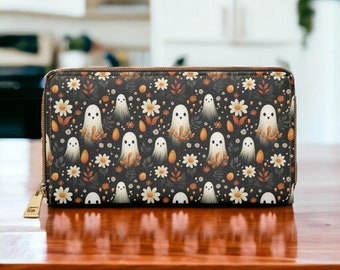 Floral Ghost Wallet, Slim Wallet, Fall Print Vegan Gifts For Her Vegan Leather Credit Card Wallet Slim Leather Wallet Women Gothic Wallet