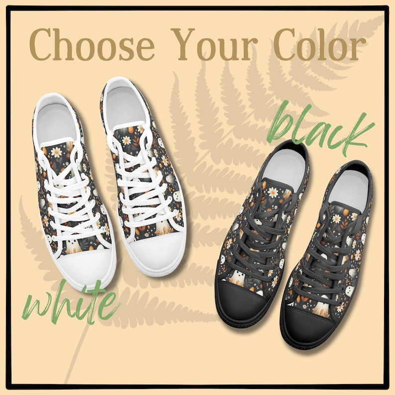 May include: Two pairs of low-top canvas shoes with a black and white ghost and floral pattern. The shoes are available in white or black.