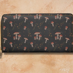 Cartera vegana de piel sintética con cremallera y diseño botánico de hongos Dark Cottagcore. Regalo ecológico, sostenible y orgánico. Monedero unisex. Accesorio para bolso.