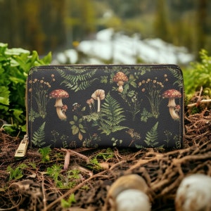 Hongos, billetera Dark Academia, billetera con cremallera Goblincore, regalo Dark Cottagecore para amantes de las brujas, billetera de cuero vegano para mujeres, viajes
