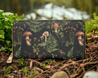 Mushrooms, Dark Academia Wallet Goblincore Zip Up Wallet Dark Cottagecore Gift for Witchy Lovers Vegan Leather Wallet Women Travel