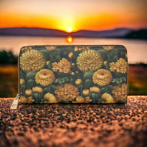 Cartera linda, Cartera delgada, Cartera de otoño, Regalo para amante del otoño, Cartera de caléndula para cartera, Cartera de viaje, Accesorio de cuero vegano, Boho