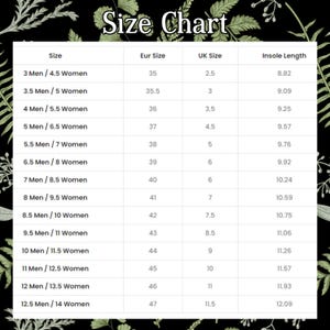 May include: Size chart for shoes, showing men's and women's sizes in US, European, and UK sizes, along with the corresponding insole length in inches.