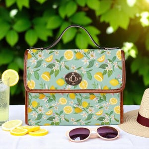 Bolso bandolera de limón, bolso bandolera estilo cottagecore con estampado cítrico, bolso de verano de piel vegana, bolso de hombro con fruta amarilla