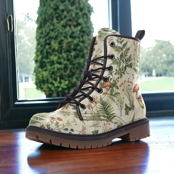 Combat Boots, Mushrooms, Cottagecore Boots, Vegan Leather