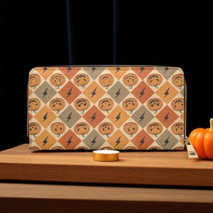 Halloween Vegan Leather Wallet: Pumpkin Jack-O&#39;-Lantern Zip Around