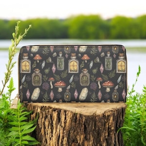 Champignons, portefeuille foncé Academia Portefeuille zippé Goblincore Cottagecore foncé Cadeau pour les amateurs de sorcières Portefeuille en cuir végétalien pour femme, cristaux de voyage