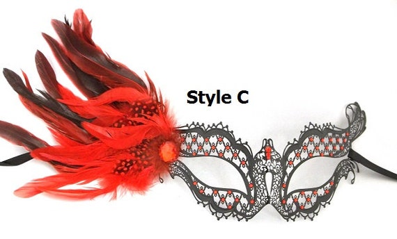 Black Red Feather Masquerade Mask for Women, Lace Mask, Metal Masquerade  Mask, Mardi Gras Masks, Red Rhinestones, Metal Lace Masquerade Mask 