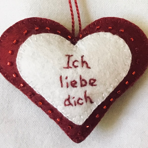 Ich liebe dich - I love you German small Red heart embroidered felt ornament