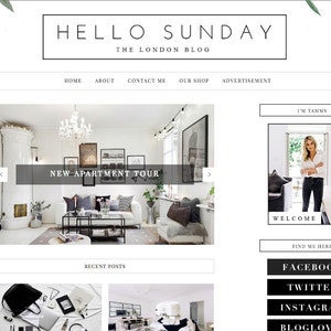 May include: A website homepage for a blog called "Hello Sunday: The London Blog". The homepage features a photo of a modern living room with a white couch and a black coffee table. The blog's name is displayed in a black and white font at the top of the page. The blog's navigation bar includes links to the home page, about page, contact page, shop page, and advertisement page. The blog's social media links are displayed at the bottom of the page.