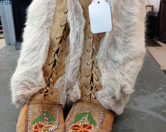 Vintage Handmade Beaded Moccasin Mukluk Boots with Fur