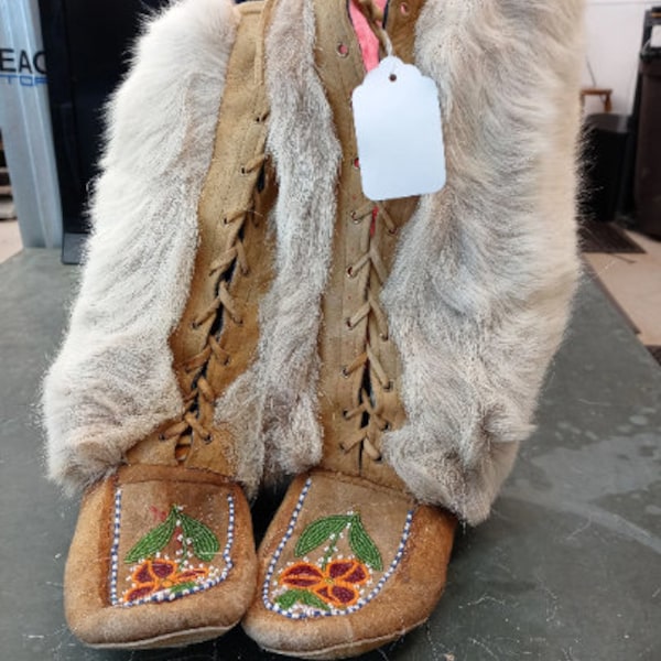 Vintage Handmade Beaded Moccasin Mukluk Boots with Fur