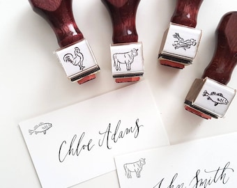 Meal Choice Stamps, Menu Icon Rubber Stamps for place cards, Food cow stamp, chicken, fish, vegetarian, crab, lobster, pig, sheep, allergy
